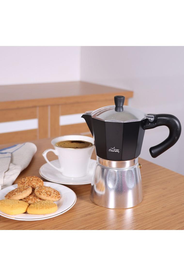 Any Morning Hes-6 Espresso Kahve Makinesi Alüminyum Moka Pot 240 ml Siyah