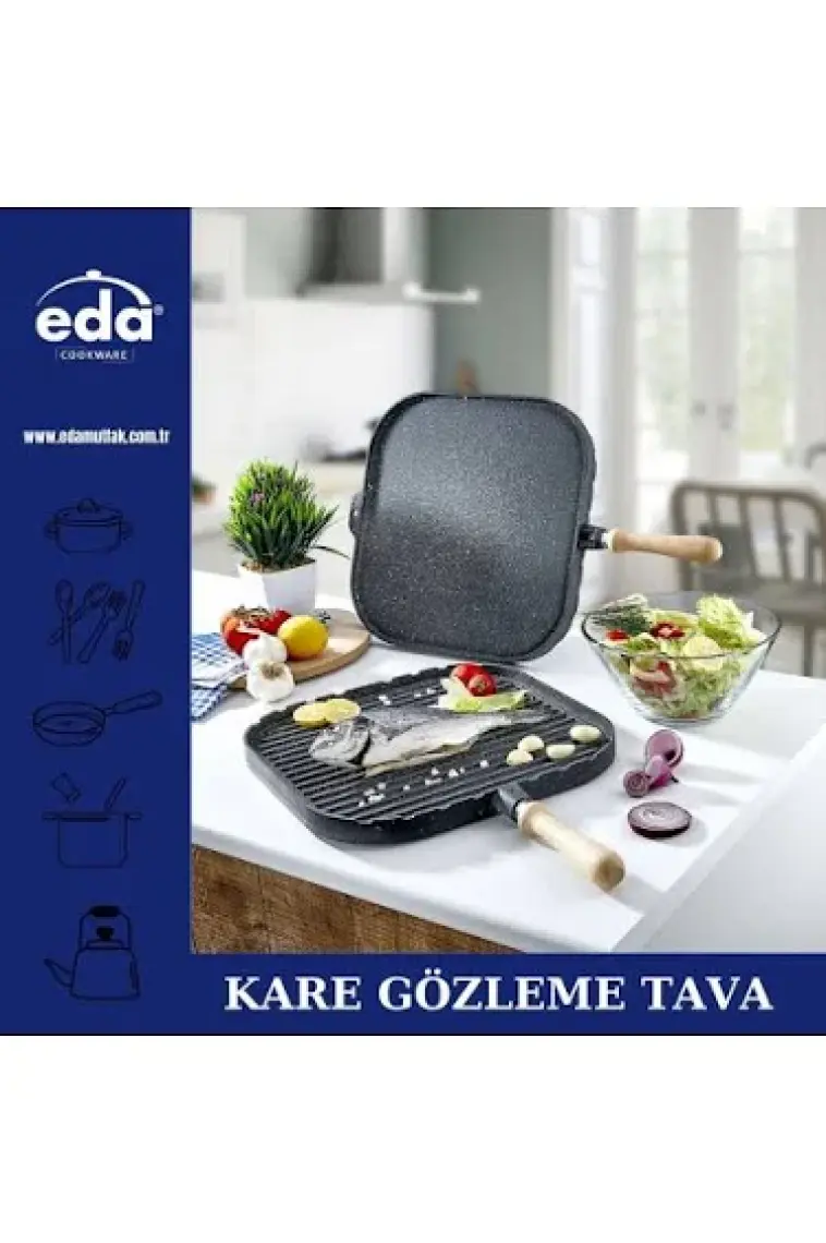 Eda Çift Taraflı 36CM Kare Granit Izgara Gözleme Tavası Gri