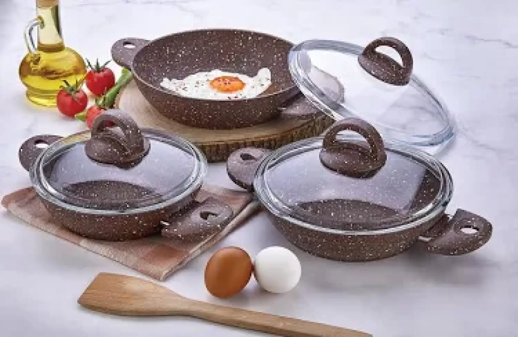 Saflon Granit Omlet Set 6 Parça Kahve