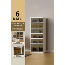 Piev Pratik 6 Katlı 12 Çift Ayakkabı Kapasiteli Mıknatıslı Çift Açılır Kapaklı Toz Geçirmez Ayakkabılık Beyaz