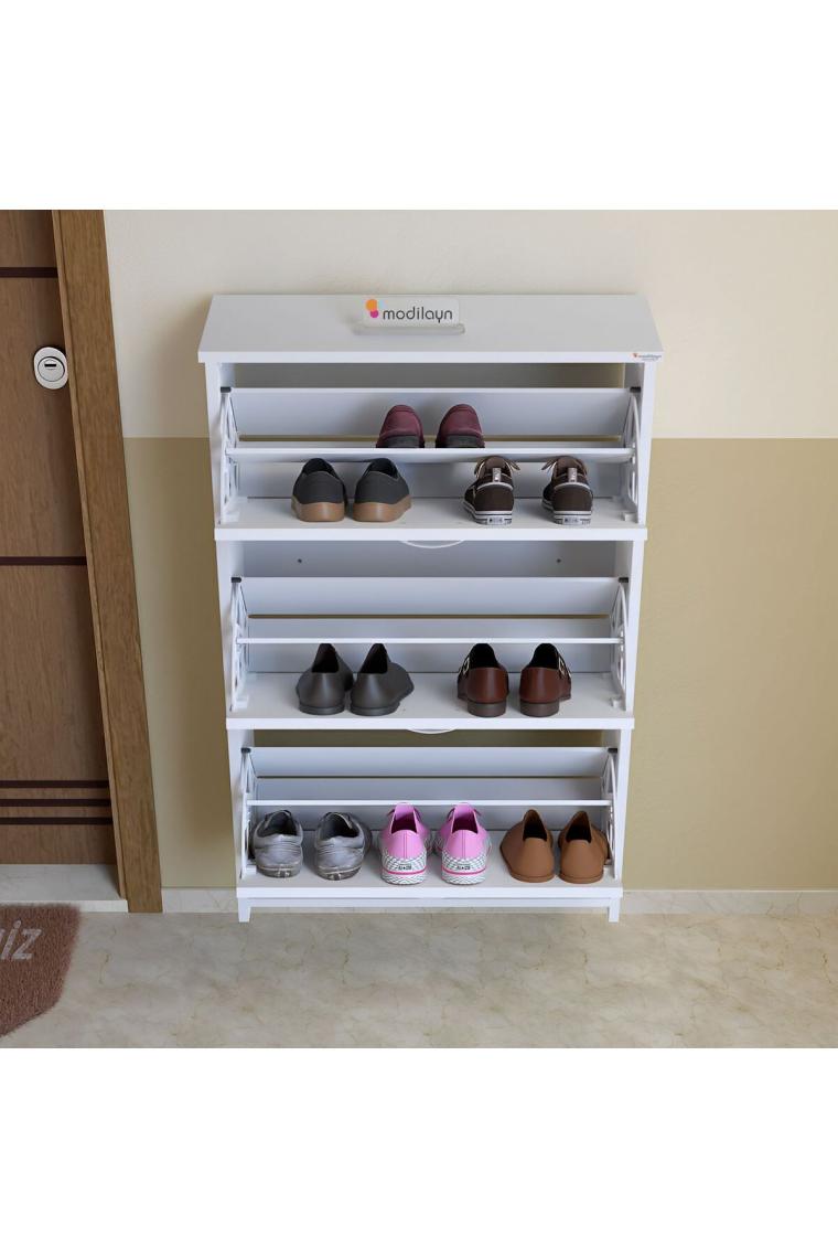 Modilayn MİHRA 72 X 112 X 25,5 cm Düşer Kapaklı 3 Katlı Ayakkabılık -Ceviz