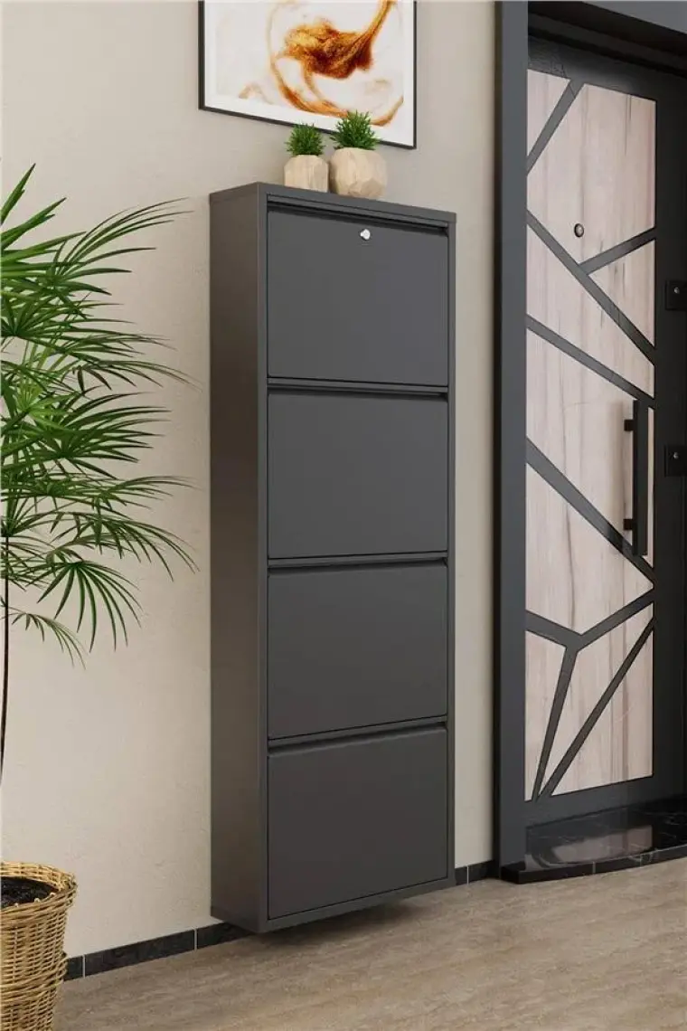 Kilitli 4 Kapaklı Metal Ayakkabılık Antrasit