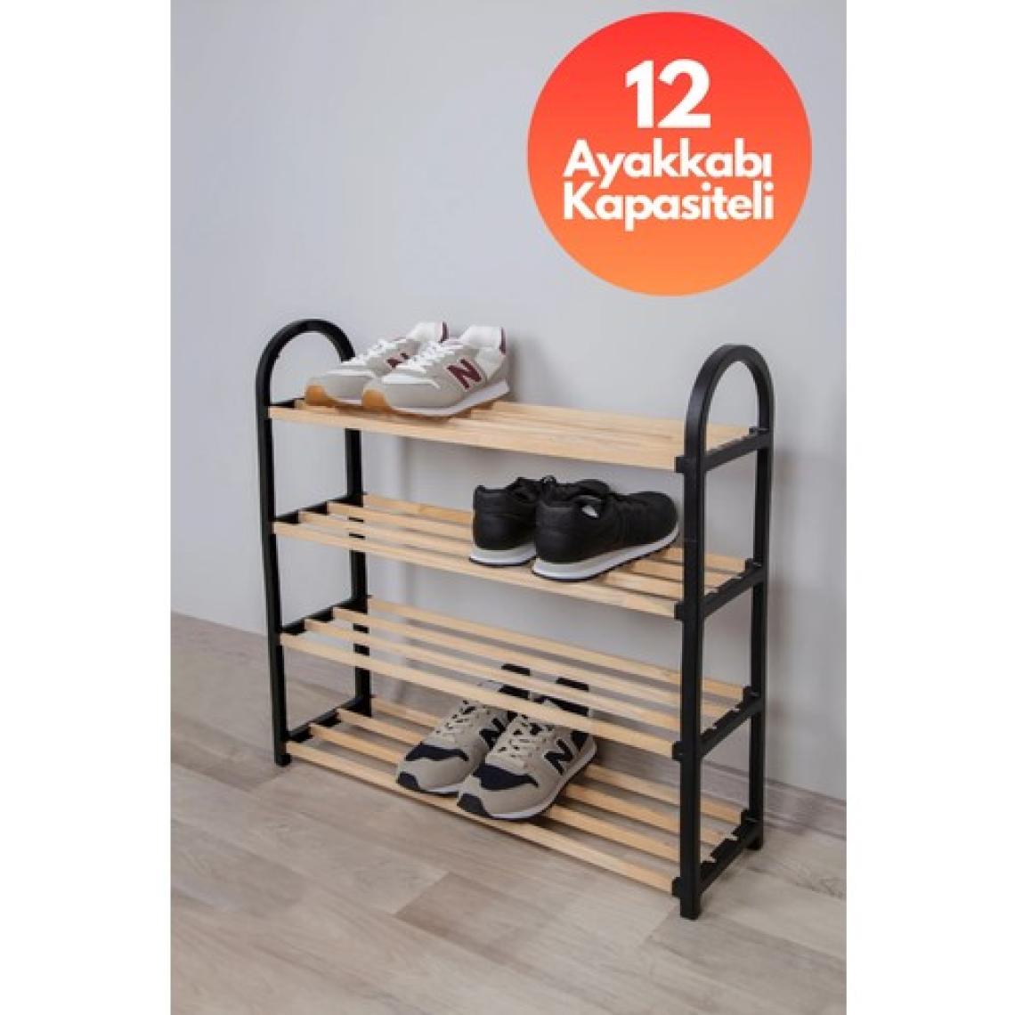 Chawood Ahşap Çubuklu 4 Bölmeli Siyah Ayakkabılık Masif Ahşap Ayakkabılık Raf Ünitesi