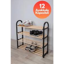 Chawood Ahşap Çubuklu 4 Bölmeli Siyah Ayakkabılık Masif Ahşap Ayakkabılık Raf Ünitesi