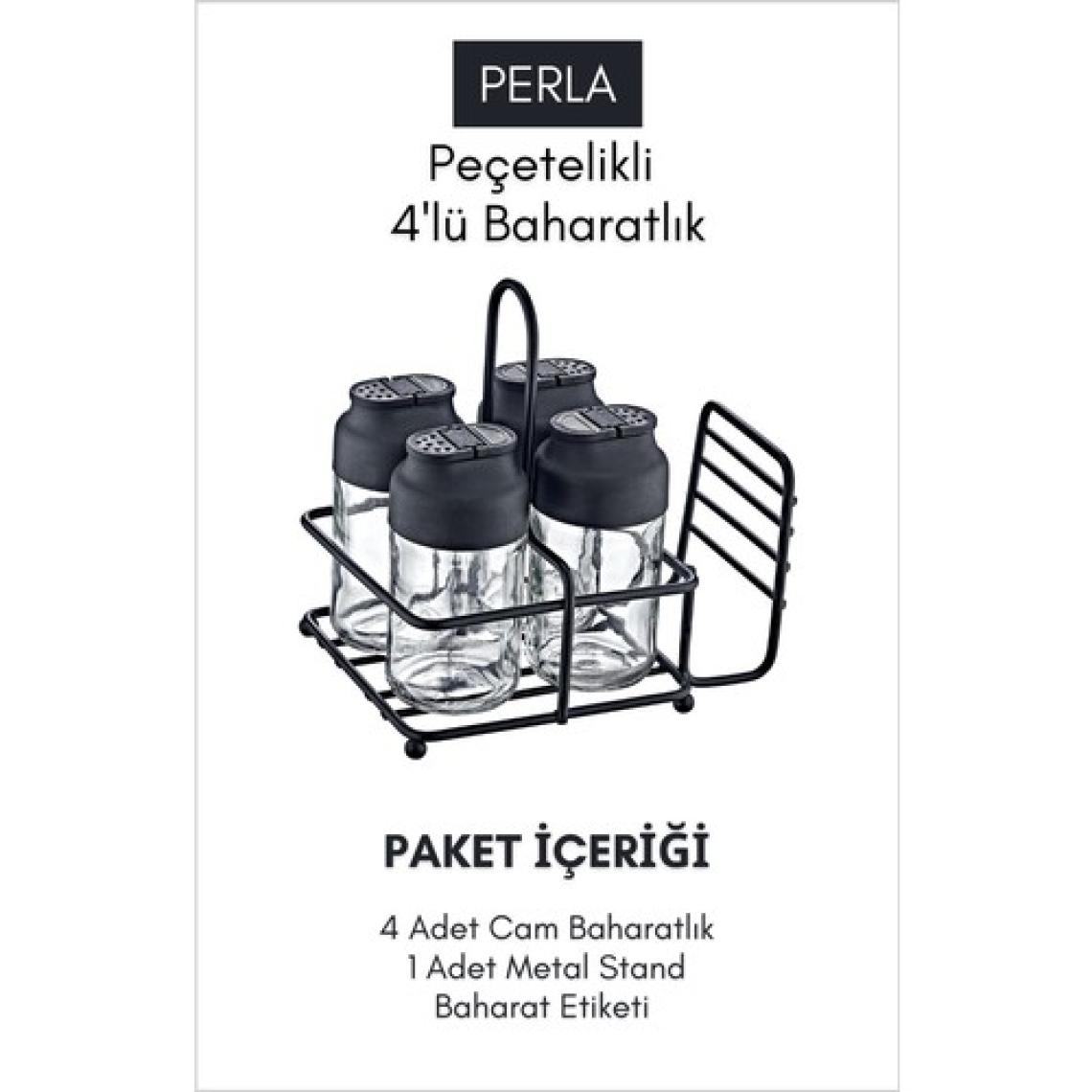 Grimor Life Perla Metal Standlı Peçetelikli 4'lü Çift Kapaklı Cam Baharatlık Seti - Tuzluk Biberlik Peçetelik