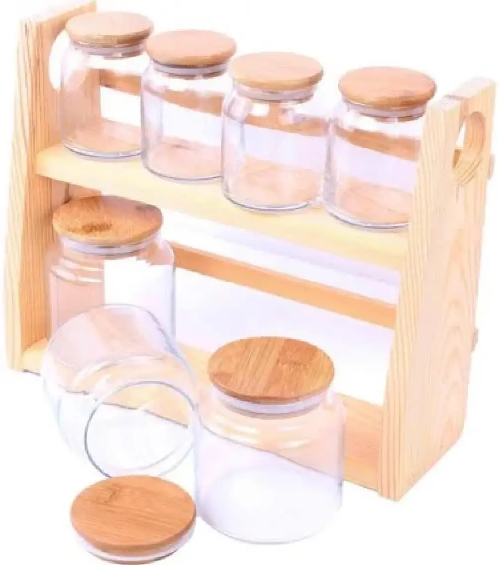 Gönül Cam 8'li Ahşap Standlı Baharat Takımı