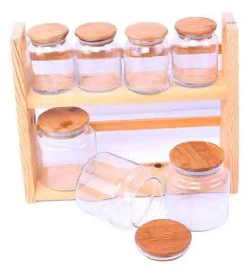 Gönül Cam 8'li Ahşap Standlı Baharat Takımı