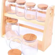 Gönül Cam 8'li Ahşap Standlı Baharat Takımı