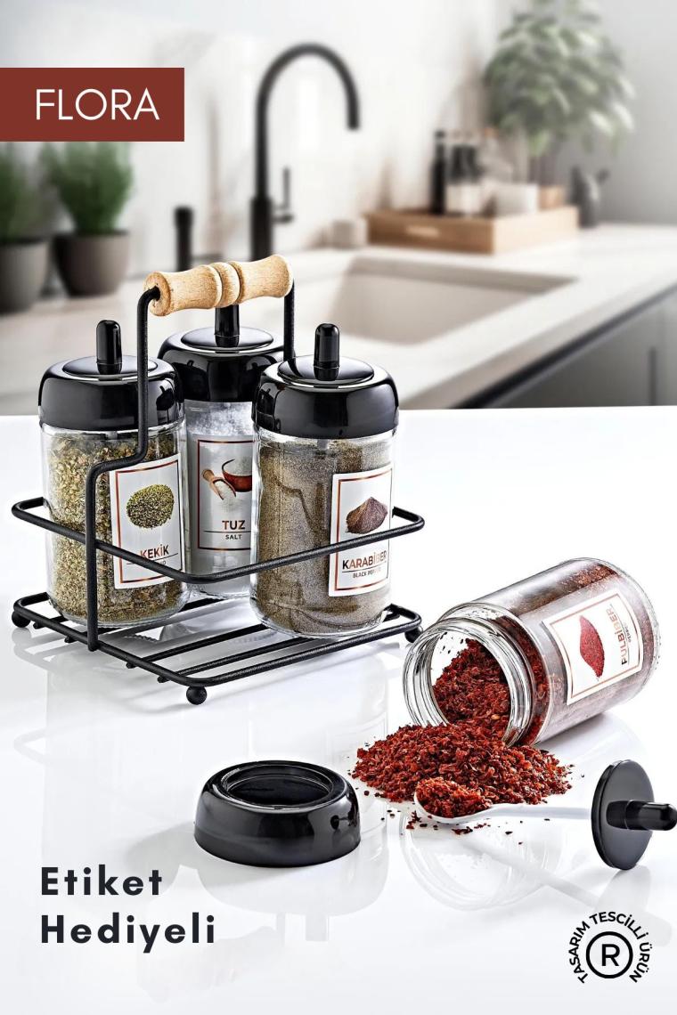 Grimor Life Metal Standlı 4'lü Kaşıklı Cam Baharatlık Seti 300 Cc- Flora Baharatlık Seti- Etiket Hediyeli