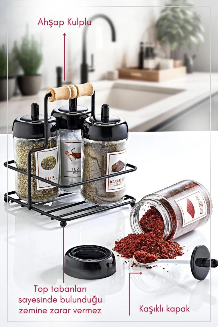 Grimor Life Metal Standlı 4'lü Kaşıklı Cam Baharatlık Seti 300 Cc- Flora Baharatlık Seti- Etiket Hediyeli