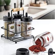Grimor Life Metal Standlı 4'lü Kaşıklı Cam Baharatlık Seti 300 Cc- Flora Baharatlık Seti- Etiket Hediyeli