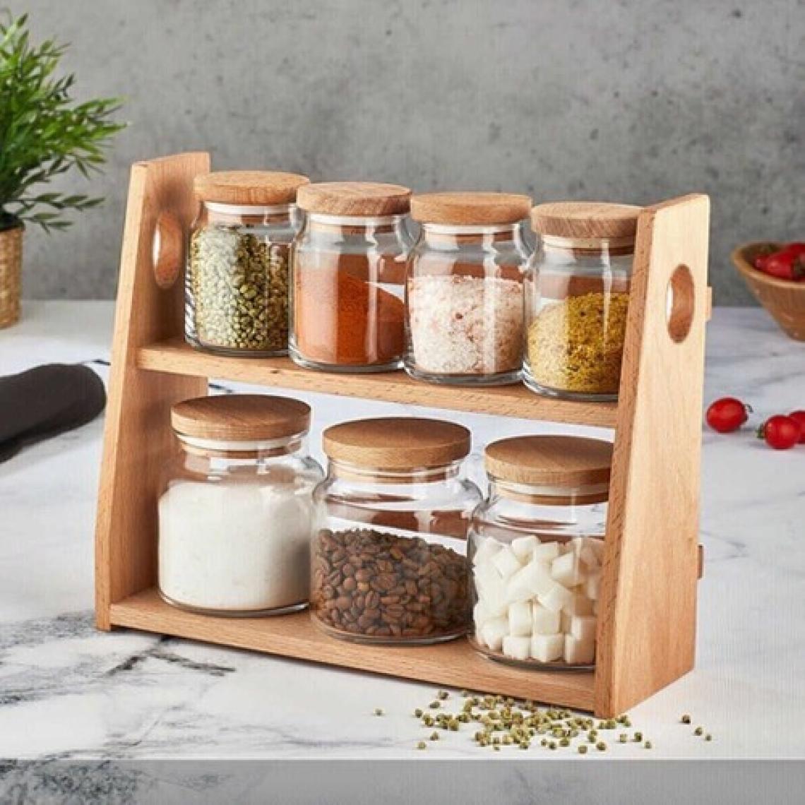 Gönül Cam 8'li Ahşap Standlı Baharat Takımı