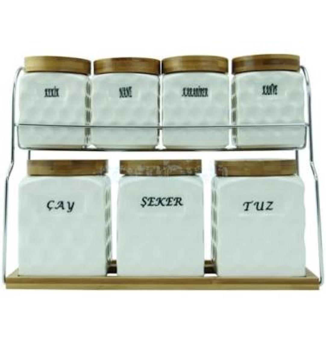 Gönül 7'li Porselen Ahşap Kapaklı Baharat Seti G1353