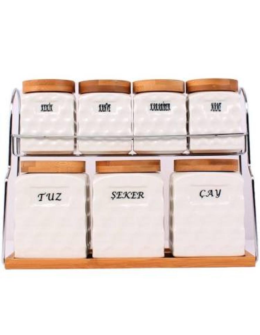 Gönül 7'li Porselen Ahşap Kapaklı Baharat Seti G1353