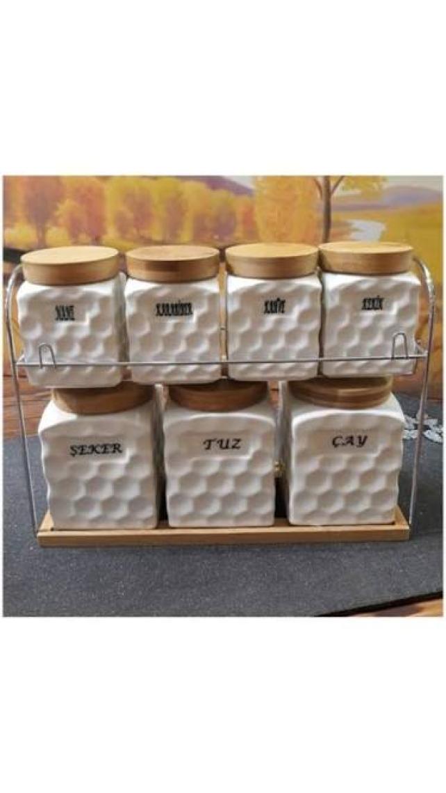 Gönül 7'li Porselen Ahşap Kapaklı Baharat Seti G1353