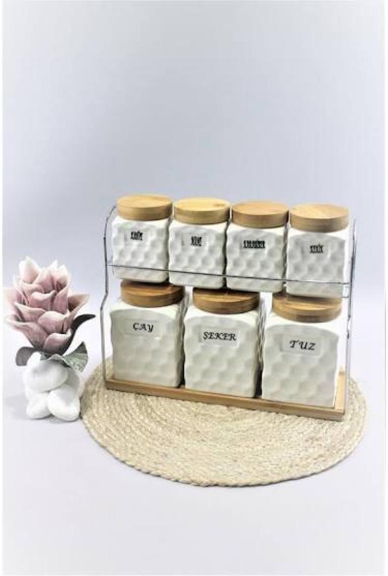 Gönül 7'li Porselen Ahşap Kapaklı Baharat Seti G1353