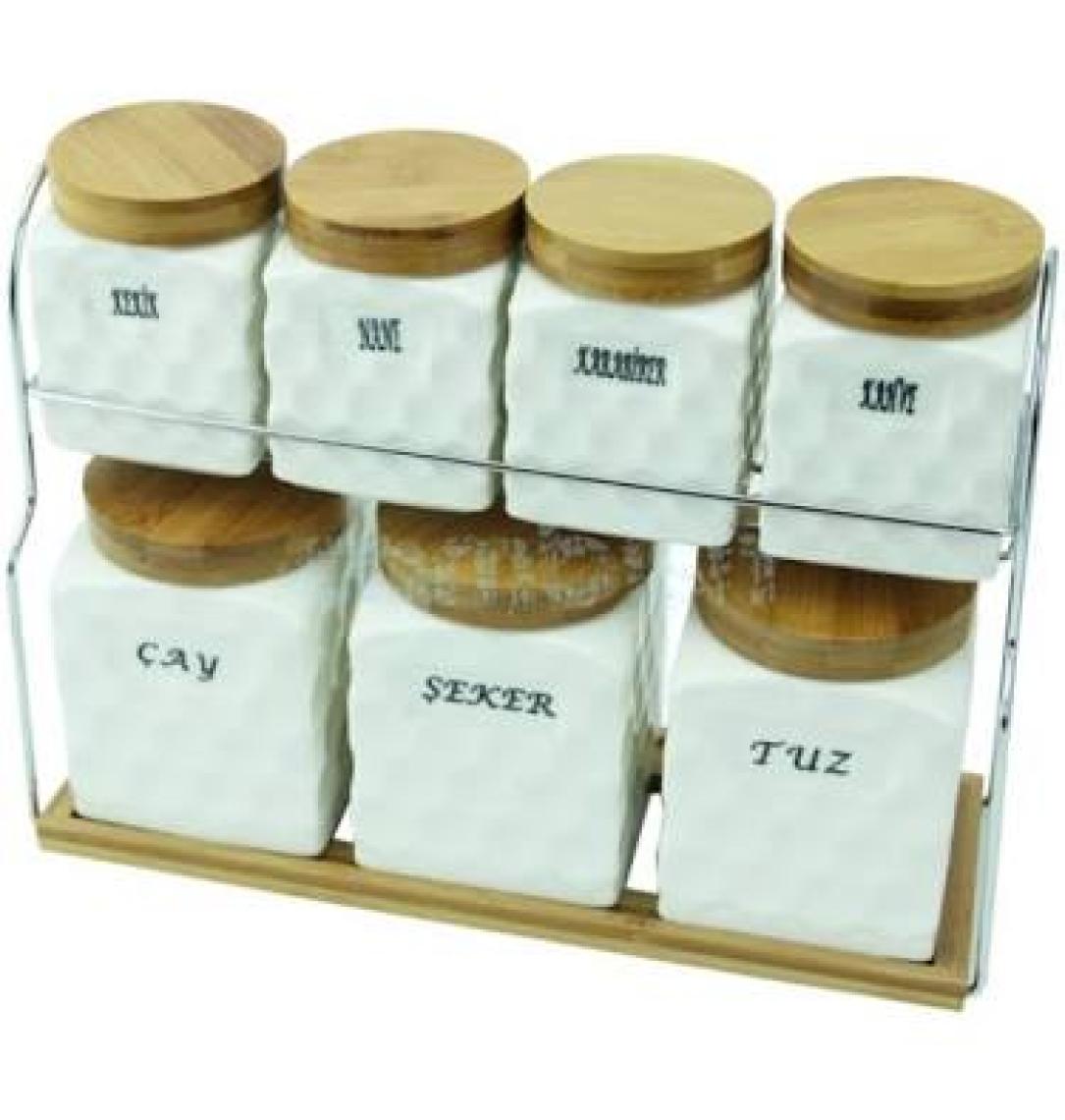 Gönül 7'li Porselen Ahşap Kapaklı Baharat Seti G1353