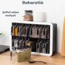 Standlı 12 Li Kendinden Yapışkanlı Kaşıklı Kapaklı Baharatlık Takımı-Etiketli Baharatlık-Siyah