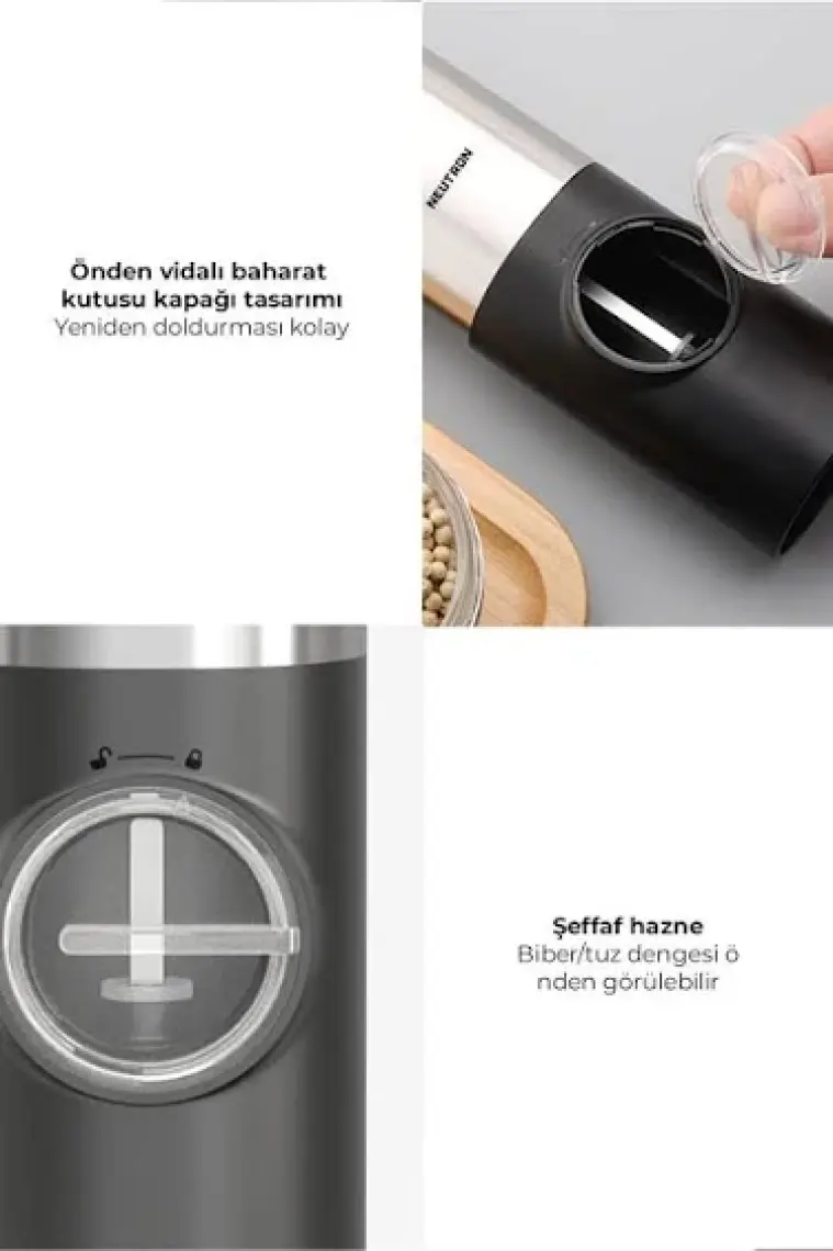 Neutron Pilli LED Işıklı Tuz Karabiber Değirmeni Otomatik Baharat Öğütücü 2li Paket