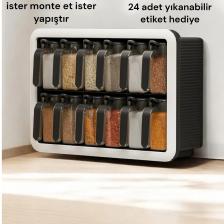 Standlı 12 Li Kendinden Yapışkanlı Kaşıklı Kapaklı Baharatlık Takımı-Etiketli Baharatlık-Siyah