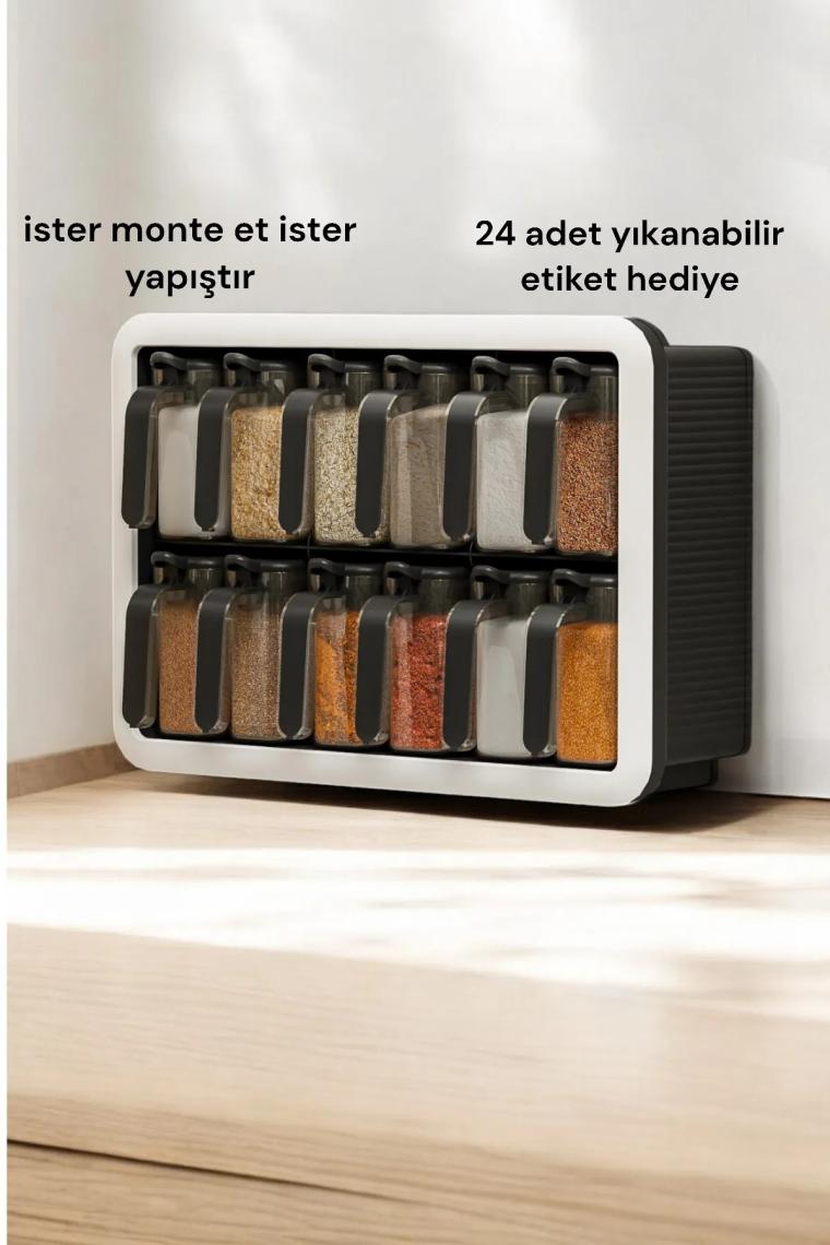 Standlı 12 Li Kendinden Yapışkanlı Kaşıklı Kapaklı Baharatlık Takımı-Etiketli Baharatlık-Siyah