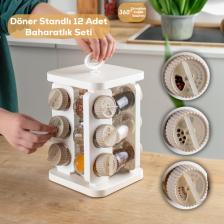 Porsima 1082 Kare Prizma Döner Standlı Döner Kapaklı 12'li Cam Baharatlık-Düzenleyici Organizer-Beyaz Cappuccino