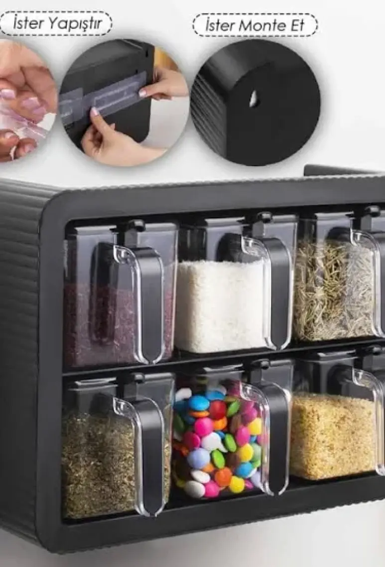Porsima Premium Xl Standlı Baharatlık Takımı Kaşıklı ve Kapaklı Siyah 6'lı