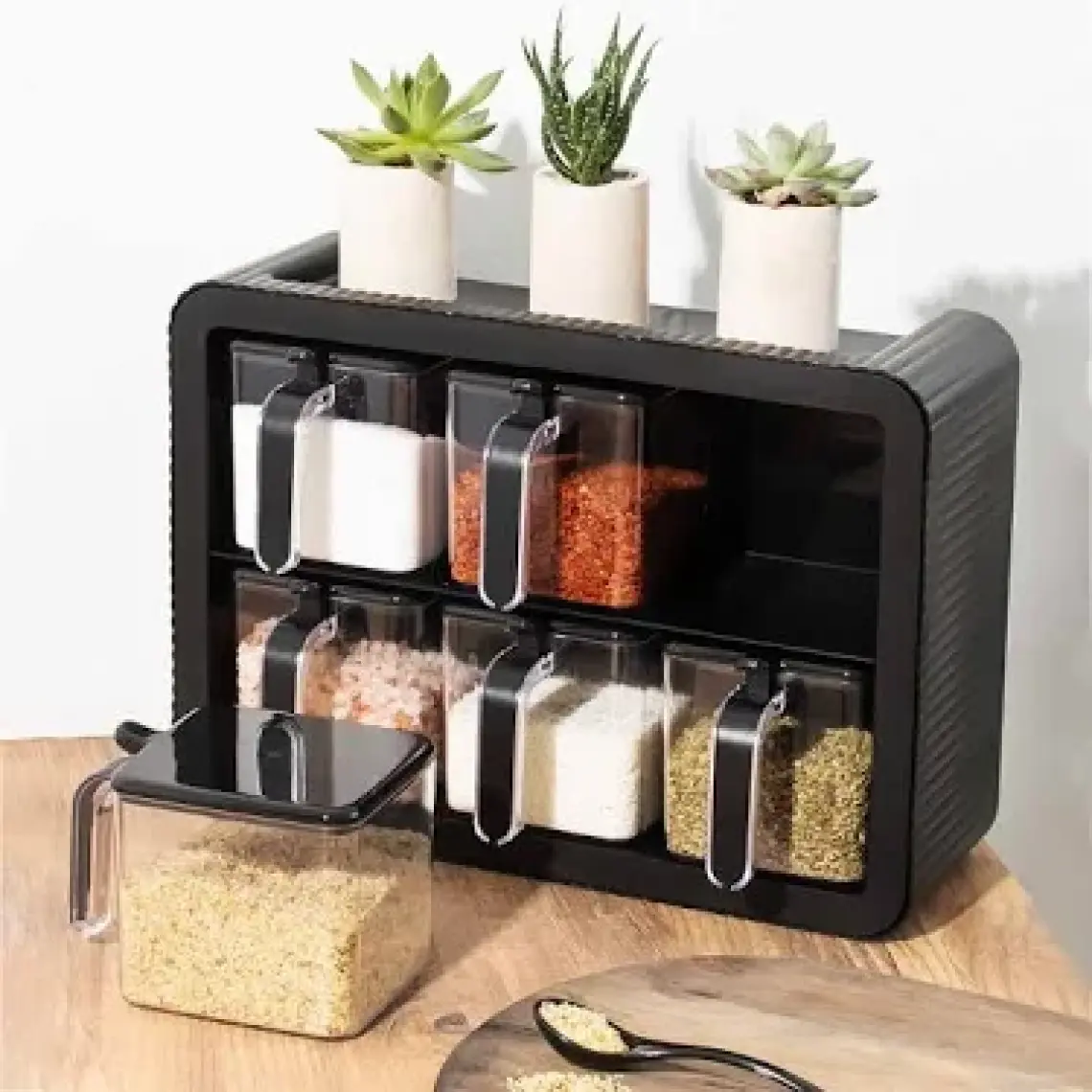 Porsima Premium Xl Standlı Baharatlık Takımı Kaşıklı ve Kapaklı Siyah 6'lı