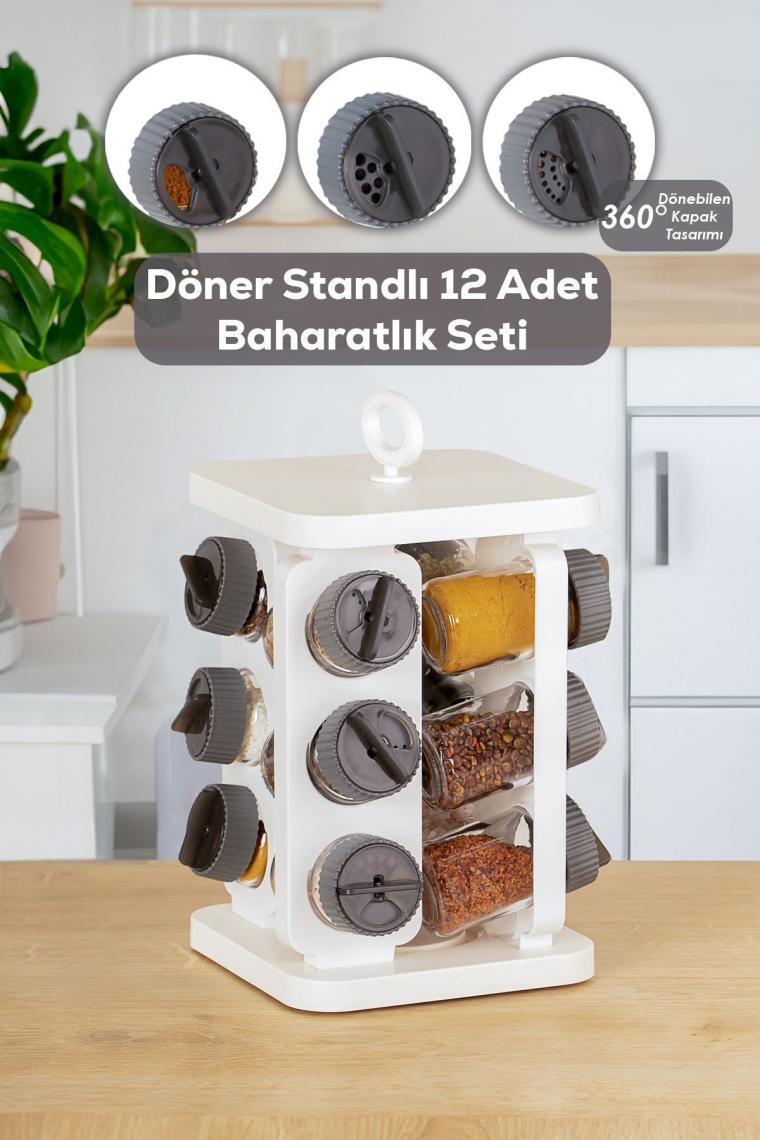Porsima 1081 Kare Prizma Döner Standlı Döner Kapaklı 12'li Cam Baharatlık-Düzenleyici Organizer -Standlı Baharatlık