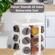 Porsima 1081 Kare Prizma Döner Standlı Döner Kapaklı 12'li Cam Baharatlık-Düzenleyici Organizer -Standlı Baharatlık