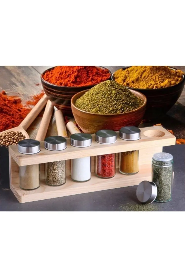 Gönül Metal Kapaklı Ahşap Standlı Baharatlık 6'lı G2799