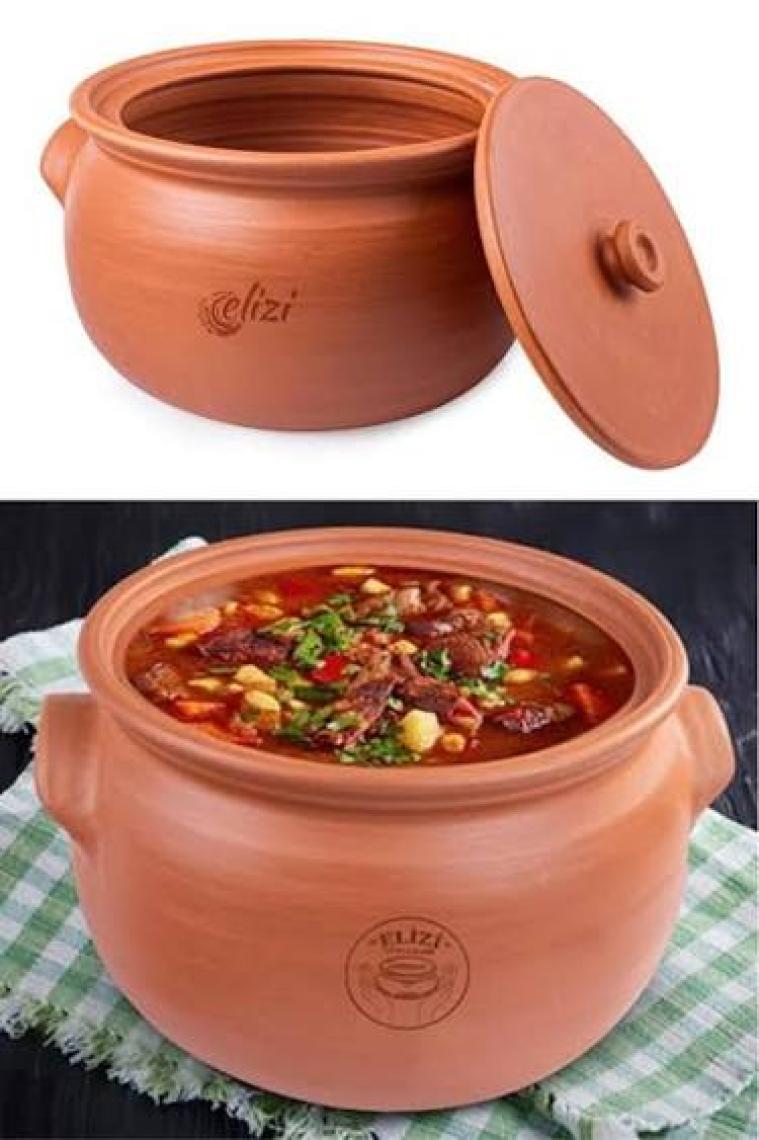 Elizi Çömlekleri El Yapımı Kapaklı Toprak Güveç Tencere Orta Boy Astarlı 5 Litre (Özel Kırılmaz Köpük Ambalajında)