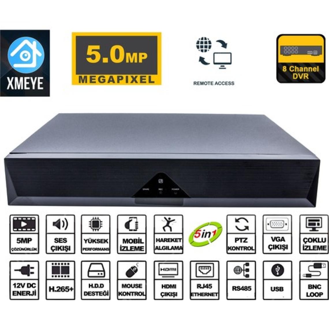 Xmeye 8 Kanal 5 mp 1080P Kamera Kayıt Cihazı Ahd Dvr H265+ Plus 5 in 1 Hibrit Xmeye