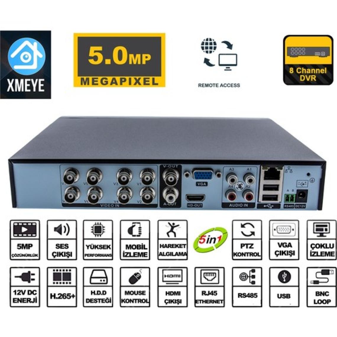 Xmeye 8 Kanal 5 mp 1080P Kamera Kayıt Cihazı Ahd Dvr H265+ Plus 5 in 1 Hibrit Xmeye