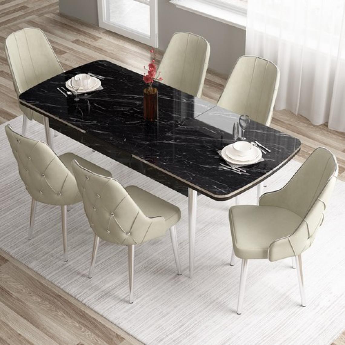 Canisa Concept Tia Serisi, Siyah Mermer Desen 80X132 Açılabilir Mdf Yemek Odası Takımı 6 Sandalye Gümüş Detay