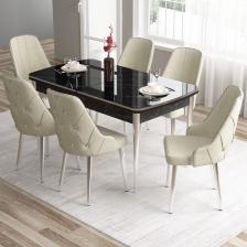 Canisa Concept Tia Serisi, Siyah Mermer Desen 80X132 Açılabilir Mdf Yemek Odası Takımı 6 Sandalye Gümüş Detay