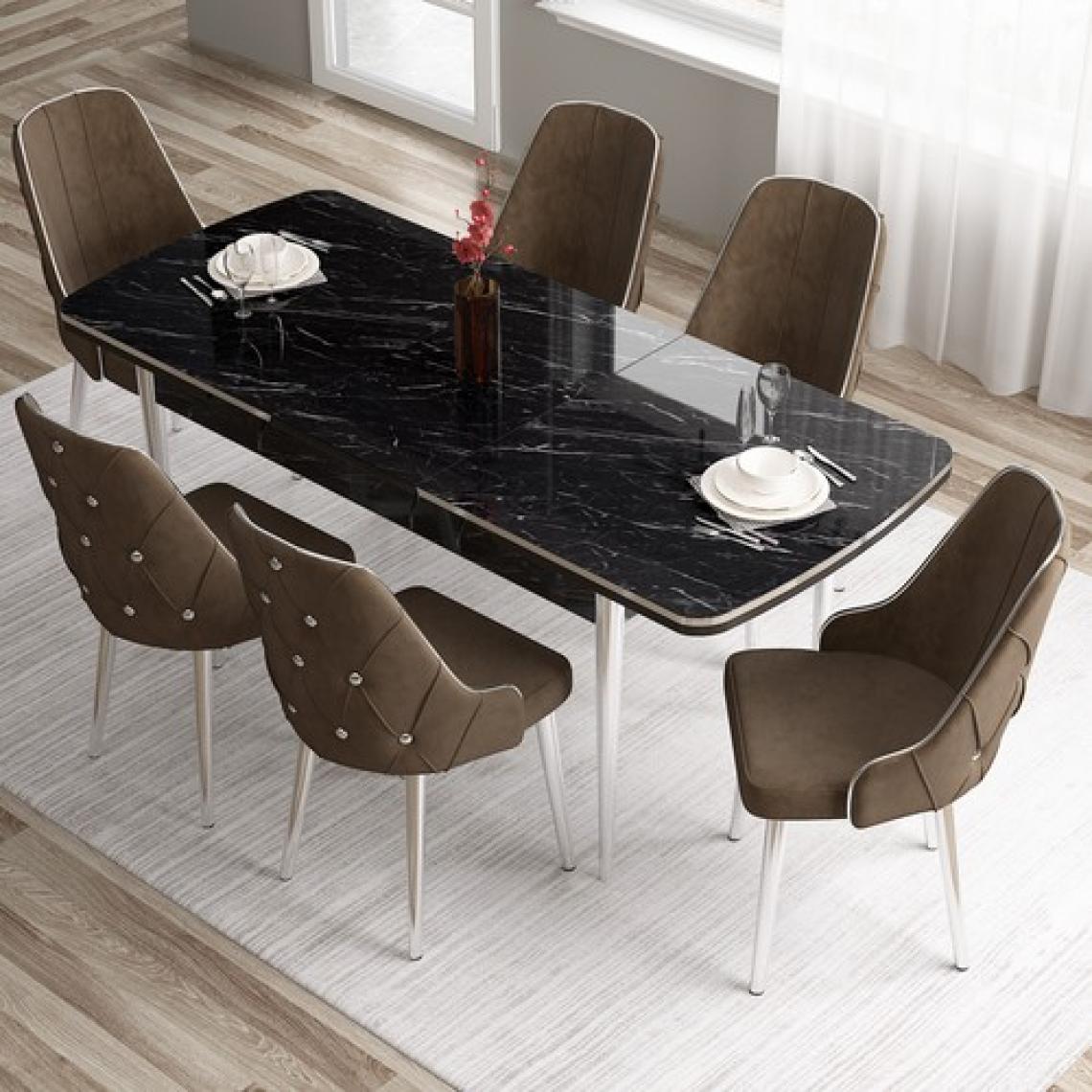 Canisa Concept Tia Serisi, Siyah Mermer Desen 80X132 Açılabilir Mdf Yemek Odası Takımı 6 Sandalye Gümüş Detay