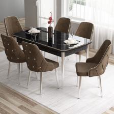 Canisa Concept Tia Serisi, Siyah Mermer Desen 80X132 Açılabilir Mdf Yemek Odası Takımı 6 Sandalye Gümüş Detay