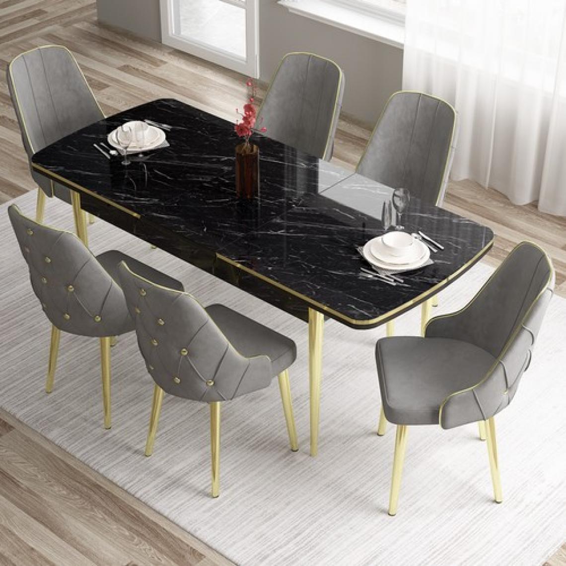 Canisa Concept Tia Serisi, Siyah Mermer Desen 80X132 Açılabilir Mdf Yemek Odası Takımı 6 Sandalye Gold Detay