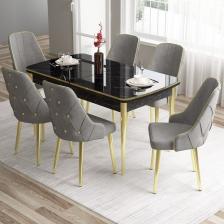 Canisa Concept Tia Serisi, Siyah Mermer Desen 80X132 Açılabilir Mdf Yemek Odası Takımı 6 Sandalye Gold Detay