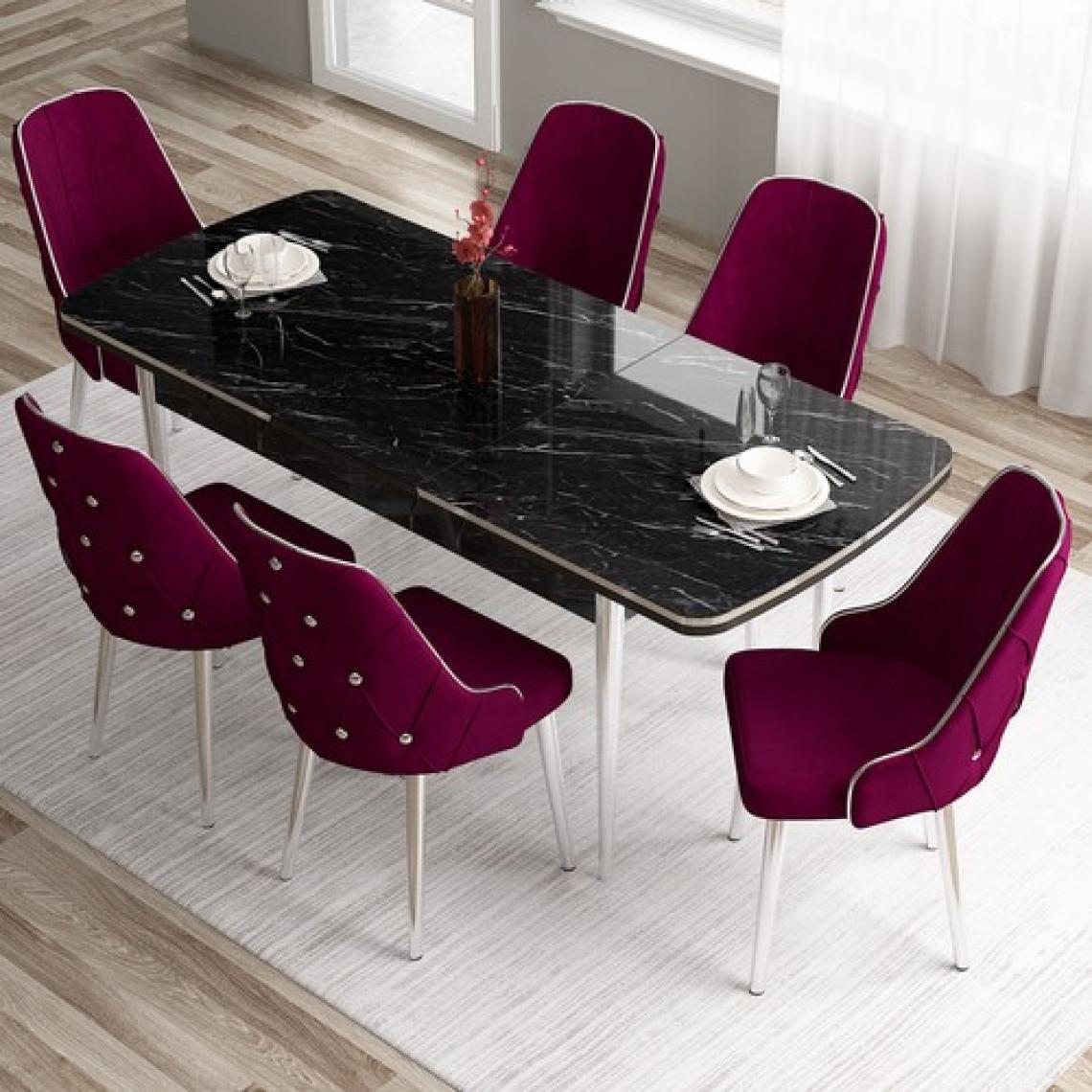 Canisa Concept Tia Serisi, Siyah Mermer Desen 80X132 Açılabilir Mdf Yemek Odası Takımı 6 Sandalye Gümüş Detay
