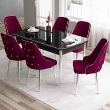 Canisa Concept Tia Serisi, Siyah Mermer Desen 80X132 Açılabilir Mdf Yemek Odası Takımı 6 Sandalye Gümüş Detay