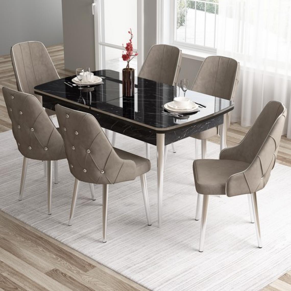 Canisa Concept Tia Serisi, Siyah Mermer Desen 80X132 Açılabilir Mdf Yemek Odası Takımı 6 Sandalye Gümüş Detay