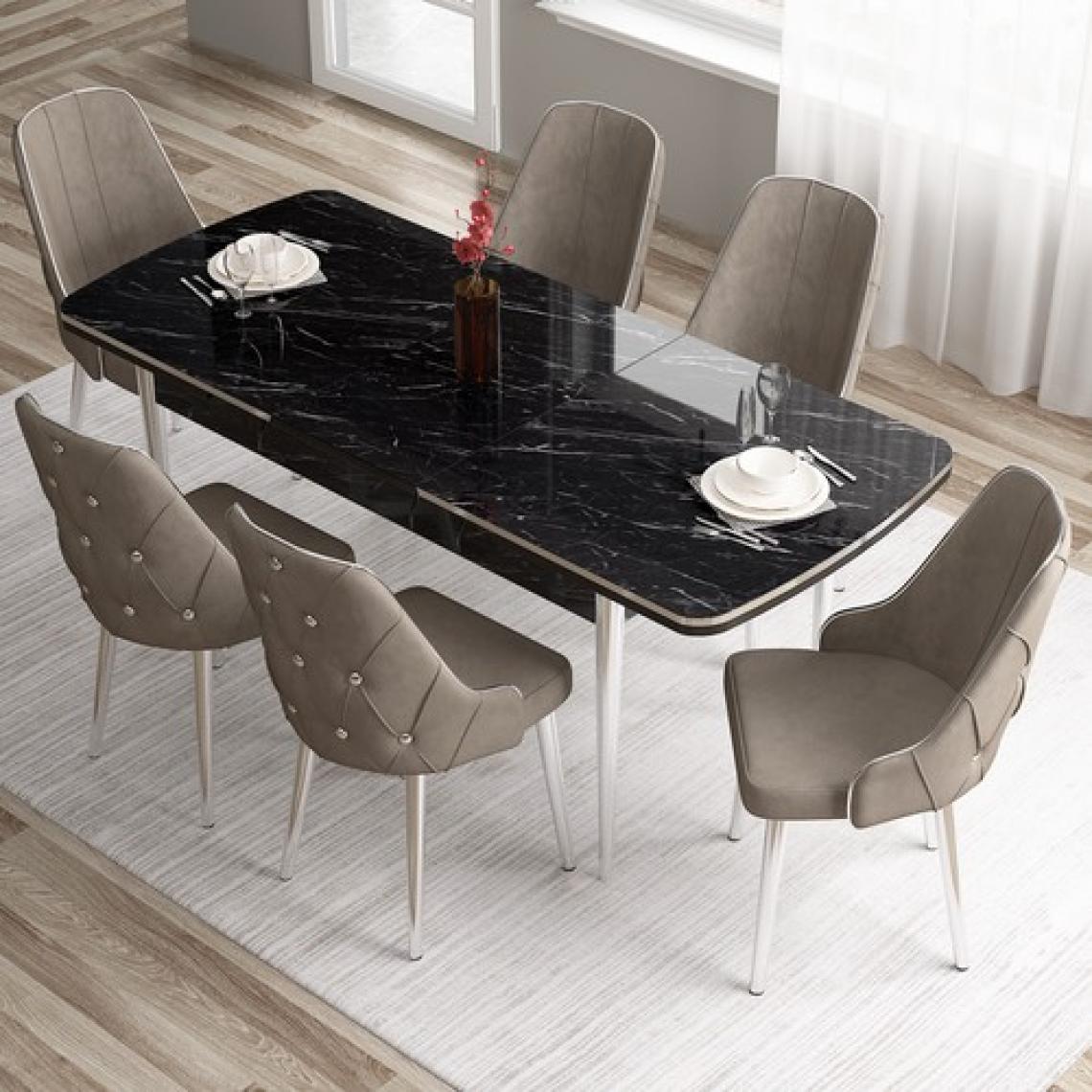 Canisa Concept Tia Serisi, Siyah Mermer Desen 80X132 Açılabilir Mdf Yemek Odası Takımı 6 Sandalye Gümüş Detay