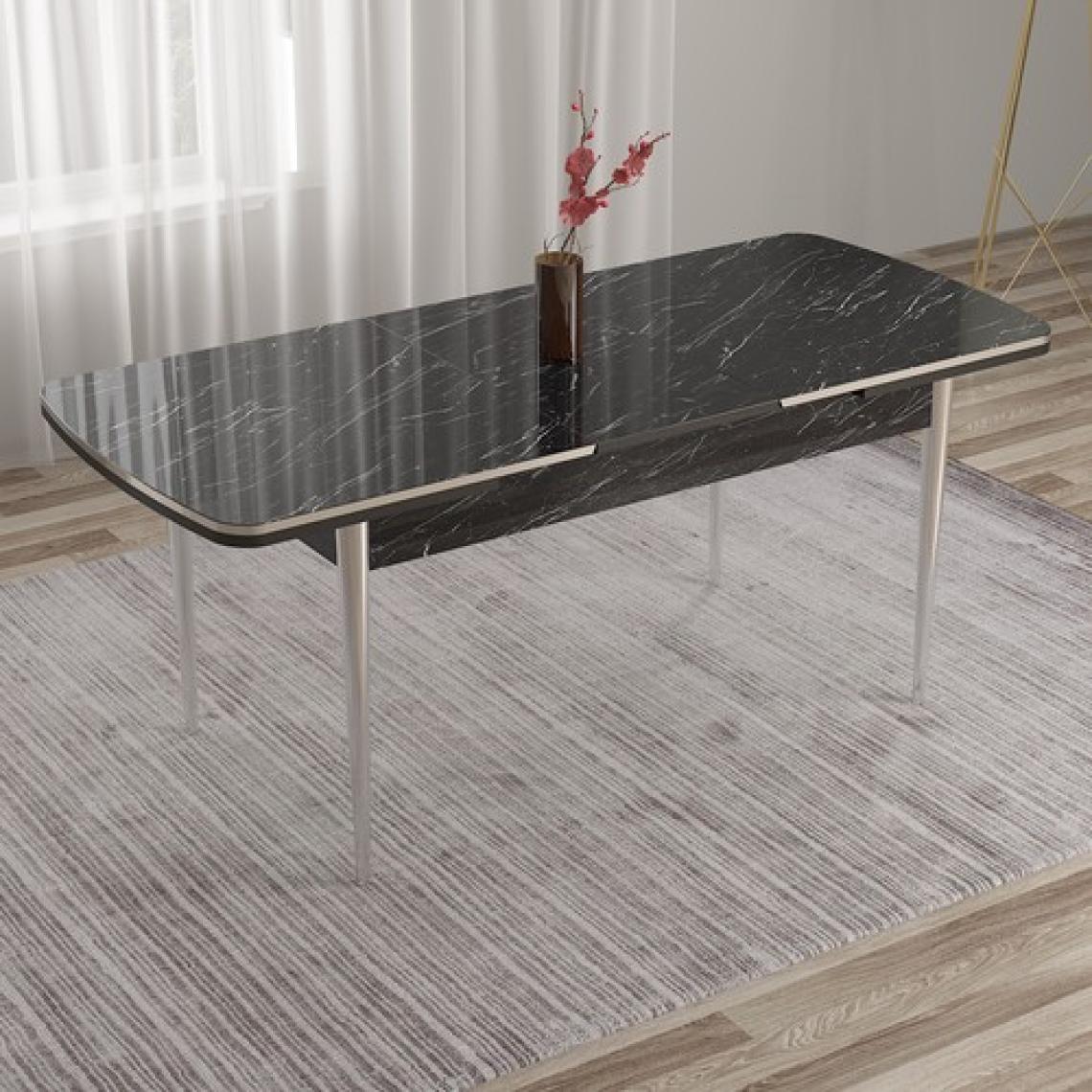 Canisa Concept Tia Serisi, Siyah Mermer Desen 80X132 Açılabilir Mdf Yemek Odası Takımı 6 Sandalye Gümüş Detay