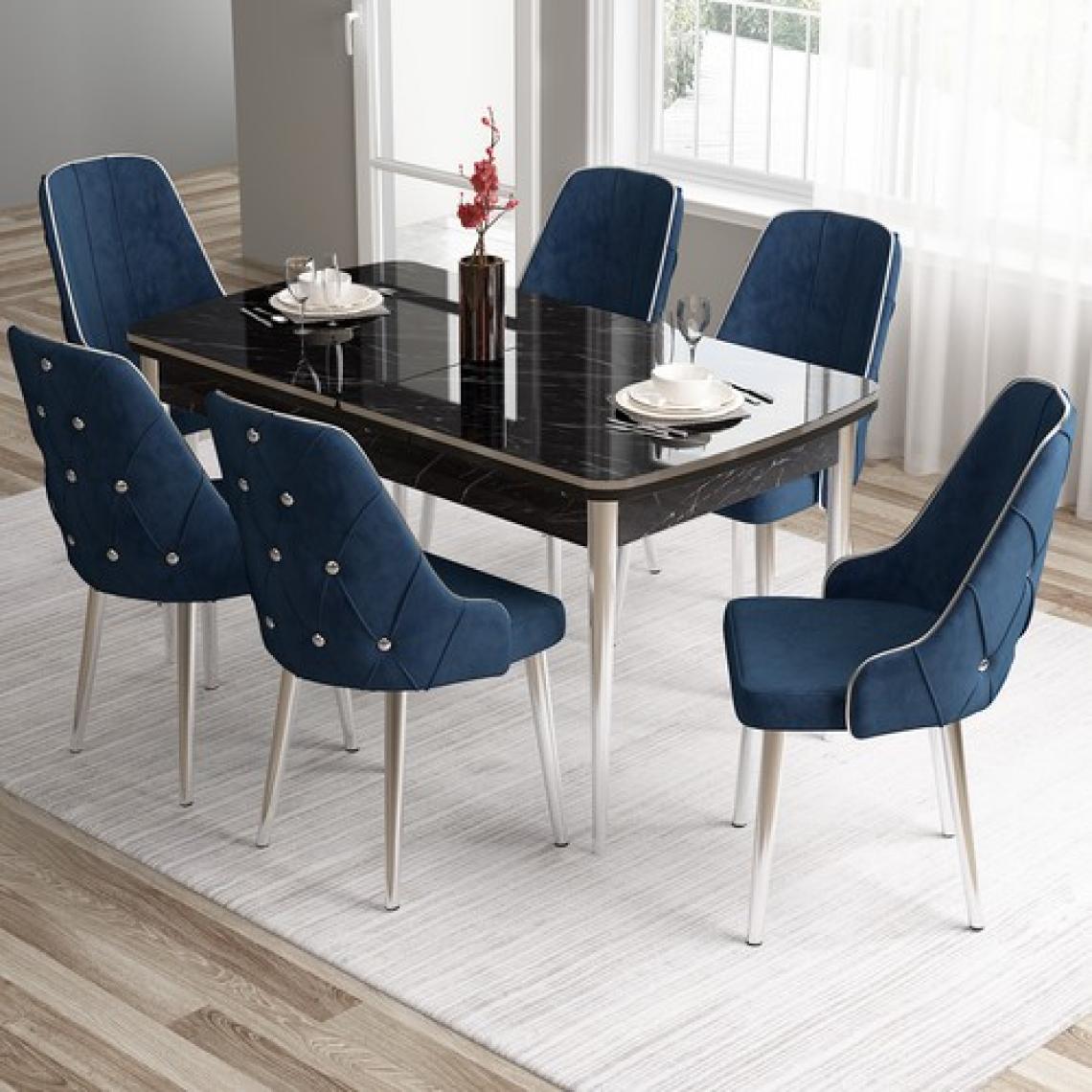 Canisa Concept Tia Serisi, Siyah Mermer Desen 80X132 Açılabilir Mdf Yemek Odası Takımı 6 Sandalye Gümüş Detay
