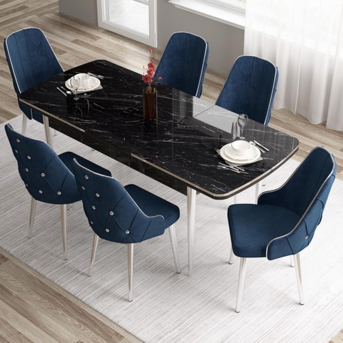Canisa Concept Tia Serisi, Siyah Mermer Desen 80X132 Açılabilir Mdf Yemek Odası Takımı 6 Sandalye Gümüş Detay