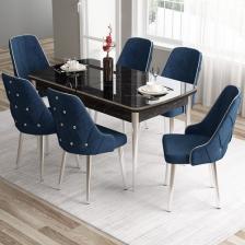 Canisa Concept Tia Serisi, Siyah Mermer Desen 80X132 Açılabilir Mdf Yemek Odası Takımı 6 Sandalye Gümüş Detay