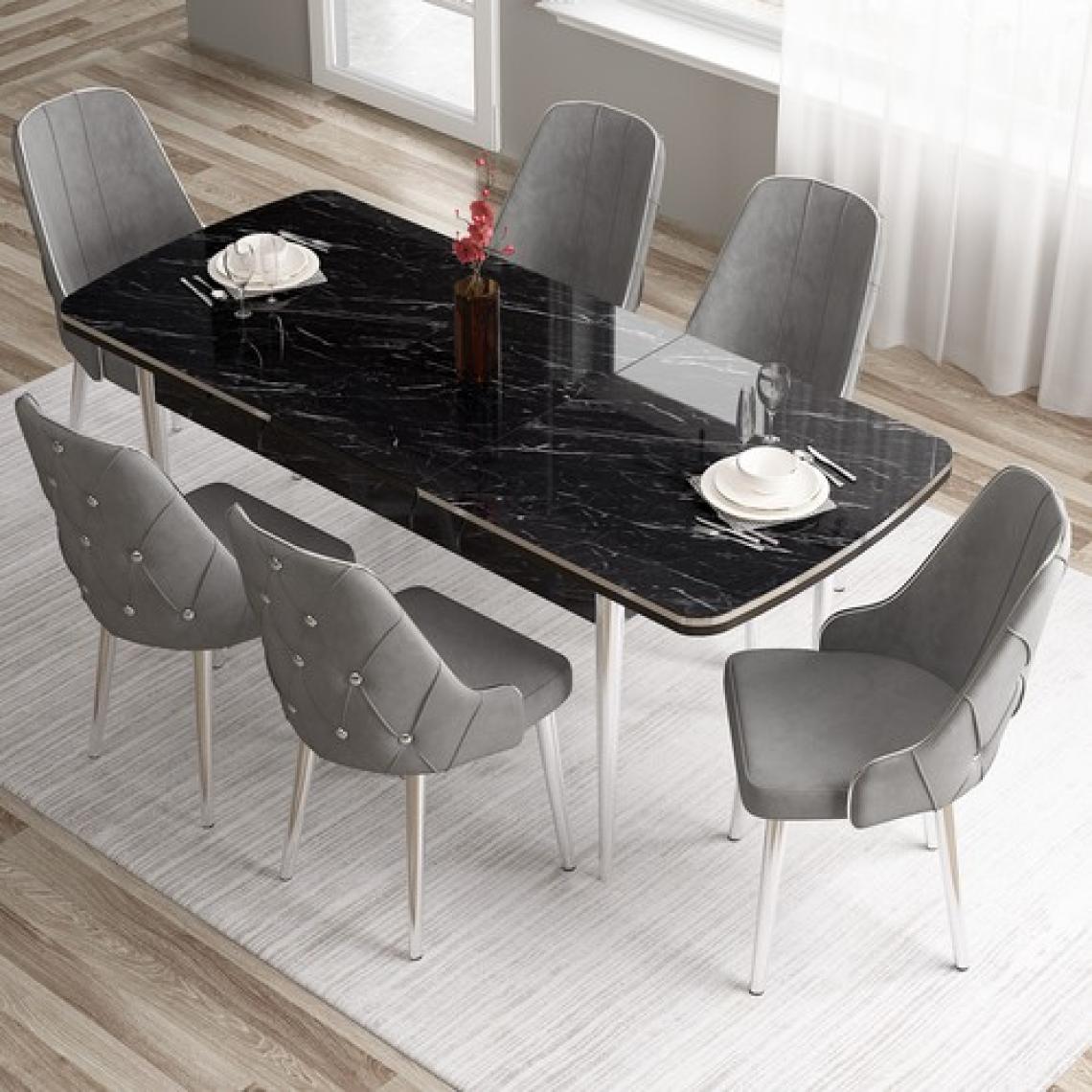 Canisa Concept Tia Serisi, Siyah Mermer Desen 80X132 Açılabilir Mdf Yemek Odası Takımı 6 Sandalye Gümüş Detay
