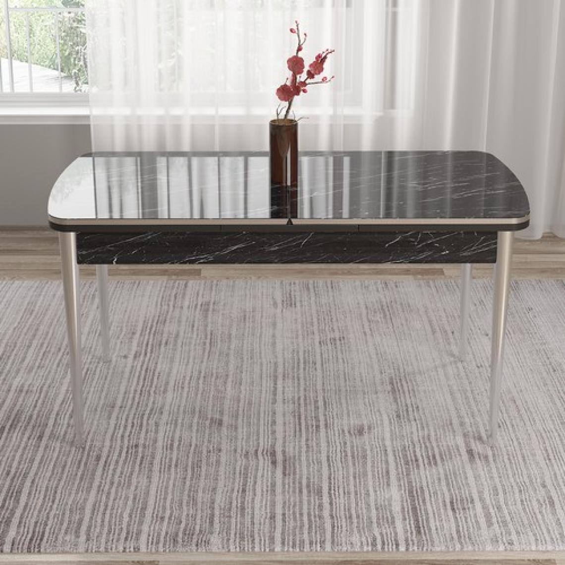 Canisa Concept Tia Serisi, Siyah Mermer Desen 80X132 Açılabilir Mdf Yemek Odası Takımı 6 Sandalye Gümüş Detay
